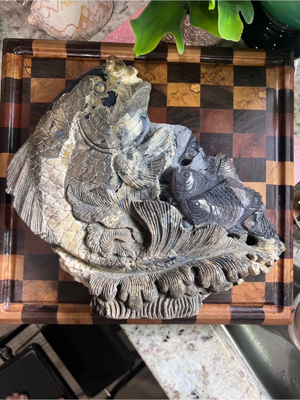 Hand carved Volcano Agate “Wealth Carp” Fish Relief Sculpture